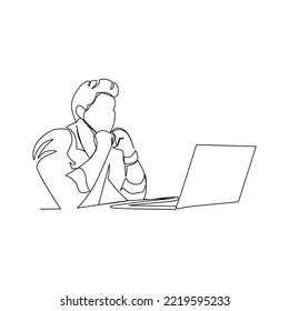 Vector illustration of a man working on a laptop drawn in line-art style
