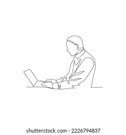 Vector illustration of a man working on a laptop drawn in line-art style