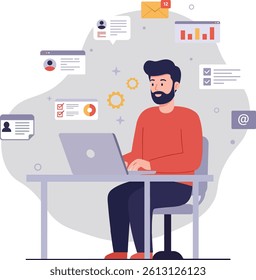 Vector illustration of a man working on a laptop surrounded by technology icons.