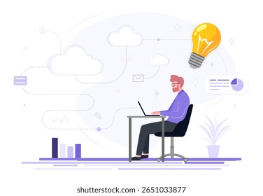 Vector illustration of a man working on a laptop, Representing remote work, Digital business and creative innovation with cloud technology.