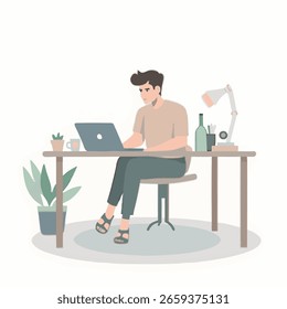 Ilustración vectorial de un hombre trabajando en una computadora portátil en un escritorio minimalista moderno. Adecuado para trabajos digitales, trabajos remotos, foco o temas relacionados con la productividad.