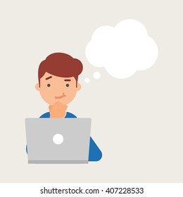 Vector illustration of a man working on the computer and thinking 