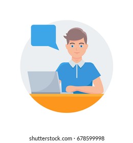 Vector illustration of a man working on a laptop with speech bubble