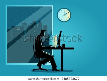 Vector illustration of a man working on a computer late at night, with a cityscape visible through the window. Symbolizes dedication, hard work, and the modern work environment