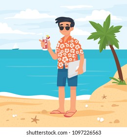 vector illustration man working remotely in a beach. Digital nomad or freelancer working and holiday in a beach