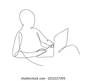Vector illustration. A man works at a laptop reclining. Freelancer. line drawing