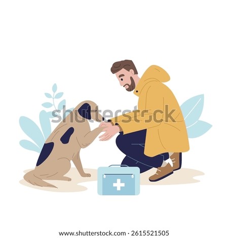 Vector illustration of a man in a yellow coat comforting an sad dog, providing first aid with a medical kit. The scene shows empathy and care towards pets in need. Vector illustration