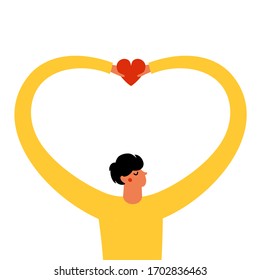Vector illustration with man in yellow sweater holding red heart. Love who you are and love yourself concept art. Romantic print design, self care poster