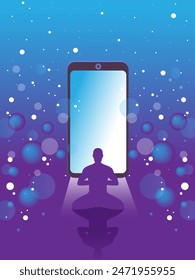 Vector illustration with  man in a yoga pose in front of a smartphone on abstract space background.