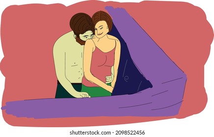 vector illustration of a man and a young girl at the kitchen counter. The man stands behind the woman, hugs her and kisses her gently on the shoulder.