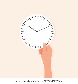 Vector illustration of a manage watch in the hand. Flat concept of deadline and time management. Business strategy of control clock timer. Hour optimization and organization alarm