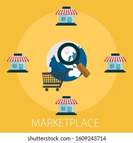 Vector illustration of management and marketing concept with "marketplace" research and development icon.