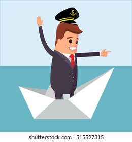 Vector illustration. Manager character on the paper boat.