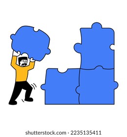 Vector illustration. Manager connecting puzzles to create profitable business strategy. Company growth. Art design. Concept of business, career development, innovative business approach, brainstorming