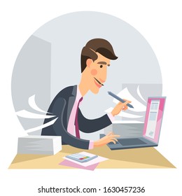 Vector illustration. The manager looks at the laptop screen, surrounded by a bunch of papers, a lot of work and documents.