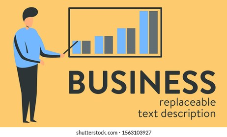 Vector illustration of a manager showing a presentation at the meeting. Poster with text placeholder and description