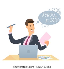 Vector illustration. The manager at the table in front of the laptop counts a lot of different numbers, calculating a new order, a project.