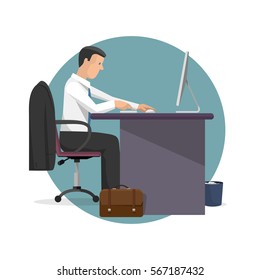 Vector illustration of manager working on computer. Monitor computer, office desk,case,suit. Cartoon flat style template