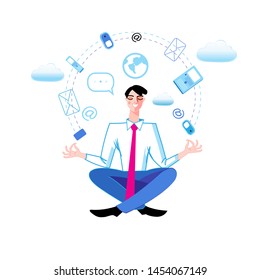 Vector illustration of a manager in a yoga pose in the office. Template design man for business card or web page about office life.