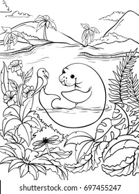 Vector illustration of a manatee, sea fish and sea horse under water. Page of a children's coloring book. Animals in the jungle and in the water with wild plants.