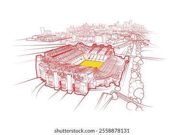 Vector Illustration of Manchester, England featuring Old Trafford football stadium in the foreground.