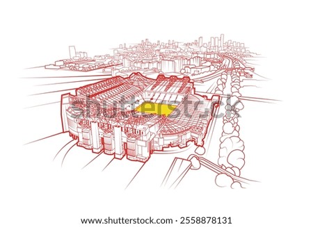 Vector Illustration of Manchester, England featuring Old Trafford football stadium in the foreground.