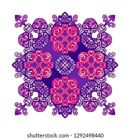 vector illustration, mandala, abstract decorative shape of the ornament of the set of curls in arabic style in purple colors. Element on a white background