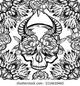 Vector illustration, Mandala. circular pattern. Magic, hands, eyes. skull with horns. Peonies flowers, prints on T-shirts. seamless pattern, light background. Handmade