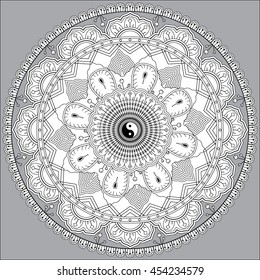 Vector illustration of the mandala for decoration. Hand-drawn ornament  with ethnic floral doodle pattern. Black and white decorative sketch for coloring page, tattoo, poster, print, t-shirt, etc.