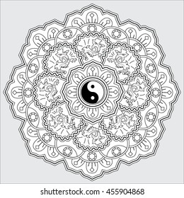 Vector illustration of the mandala for decoration. Hand-drawn ornament  with ethnic floral doodle pattern. Black and white decorative sketch for coloring page, tattoo, poster, print, t-shirt, etc.