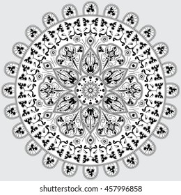 Vector illustration of the mandala for decoration. Hand-drawn ornament  with ethnic floral doodle pattern. Black and white decorative sketch for coloring page, tattoo, poster, print, t-shirt, etc.