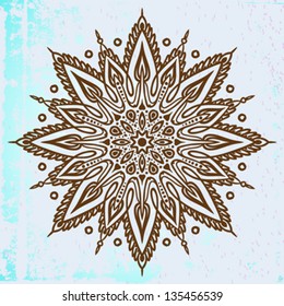  Vector illustration of mandala design in brown on blue background. Concept image for card, yoga studio, meditation, spirituality, Indian, Arabic or Thai cuisine restaurants ads, henna tattoo salon.