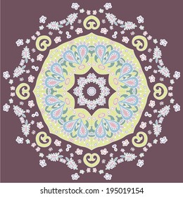 Vector illustration of mandala design. Concept image for card, yoga studio, meditation, spirituality, Indian, Arabic or Thai cuisine restaurants ads, tattoo salon. Round for paisley (mandala). 
