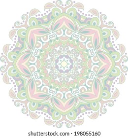 Vector illustration of mandala design. Concept image for card, yoga studio, meditation, spirituality, Indian, Arabic or Thai cuisine restaurants ads, tattoo salon. Round for paisley (mandala). 