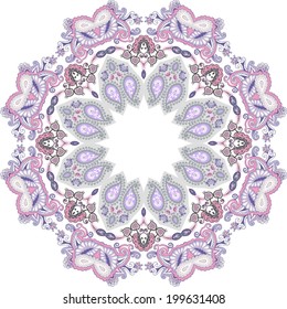Vector illustration of mandala design. Concept image for card, yoga studio, meditation, spirituality, Indian, Arabic or Thai cuisine restaurants ads, tattoo salon. Round for paisley (mandala). 