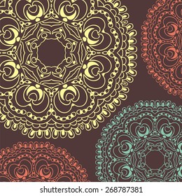 Vector illustration of mandala design. Concept image for card, yoga studio, meditation, spirituality, Indian, Arabic or Thai cuisine restaurants ads, tattoo salon. Round for paisley (mandala).