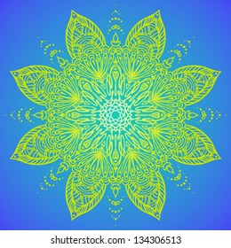 Vector Illustration Of Mandala Design In Lime Green On Neon Blue Background. Concept Image For Card, Yoga Studio, Meditation, Spirituality, Indian, Arabic Or Thai Cuisine Restaurants Ads, Tattoo Salon