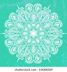 Vector illustration of mandala design in white on aqua green background. Concept image for card, yoga studio, meditation, spirituality,  Indian, Arabic or Thai cuisine restaurants ads, tattoo salon