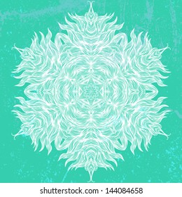 Vector illustration of mandala design in white on aqua green background. Concept image for card, yoga studio, meditation, spirituality, Indian, Arabic or Thai cuisine restaurants ads, tattoo salon