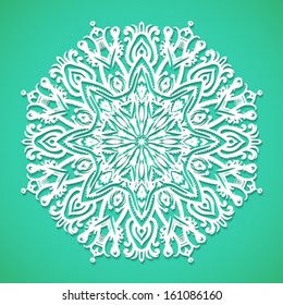 Vector illustration of mandala design in white on aqua green background. Concept image of snowflake for Christmas card, yoga studio, meditation, Indian or Thai cuisine restaurants ads, tattoo salon