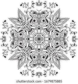 Ilustración vectorial de una mandala. Dibujo en blanco y negro de una planta, flores, insectos. Escarabajo, mariposa, libélula. Patrón de decoración. Colores. Antiestrés.