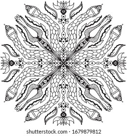 
Vektorillustration Illustration einer Mandala. Doodle, schwarz-weißer Zeichentrickstoff. Schlangen, Anaconda. Muster für die Dekoration. Färben. Antistress. Einzigartiges handgezeichnetes Muster.