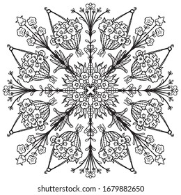 
Vector illustration of a mandala. Doodle, black and white drawing of a plant in the garden. Gardening, home plants. Pattern for decoration. Coloring. Antistress. Unique hand-drawn pattern.