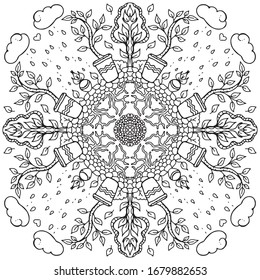 
Vector illustration of a mandala. Doodle, black and white drawing of a plant in the garden. Gardening, home plants. Pattern for decoration. Coloring. Antistress. Unique hand-drawn pattern.