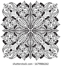 
Vector illustration of a mandala. Doodle, black and white drawing of flowers. Nature, botany, plants. Pattern for decoration. Coloring. Antistress. Unique hand-drawn pattern.