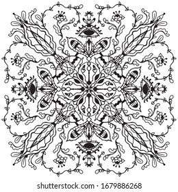 
Vector illustration of a mandala. Doodle, black and white drawing of flowers. Nature, botany, plants. Pattern for decoration. Coloring. Antistress. Unique hand-drawn pattern.