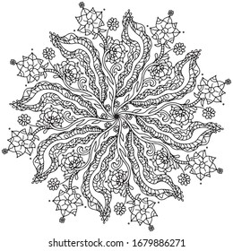 
Vector illustration of a mandala. Doodle, black and white drawing of flowers. Nature, botany, plants. Pattern for decoration. Coloring. Antistress. Unique hand-drawn pattern.