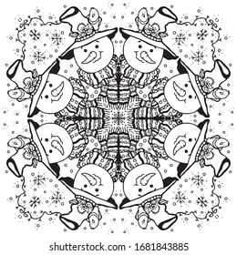 
Vector illustration of a mandala. Doodle, black and white Christmas and New Year. Winter holidays. Pattern for decoration. Coloring. Antistress. Unique hand-drawn pattern.
