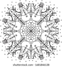 
Vector illustration of a mandala. Doodle, black and white Christmas and New Year. Winter holidays. Pattern for decoration. Coloring. Antistress. Unique hand-drawn pattern.