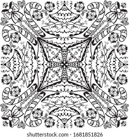 
Vektorillustration Illustration einer Mandala. Weihnachten und Neues Jahr: Doodle, Schwarz-Weiß. Winterferien. Muster für die Dekoration. Färben. Antistress. Einzigartiges handgezeichnetes Muster.